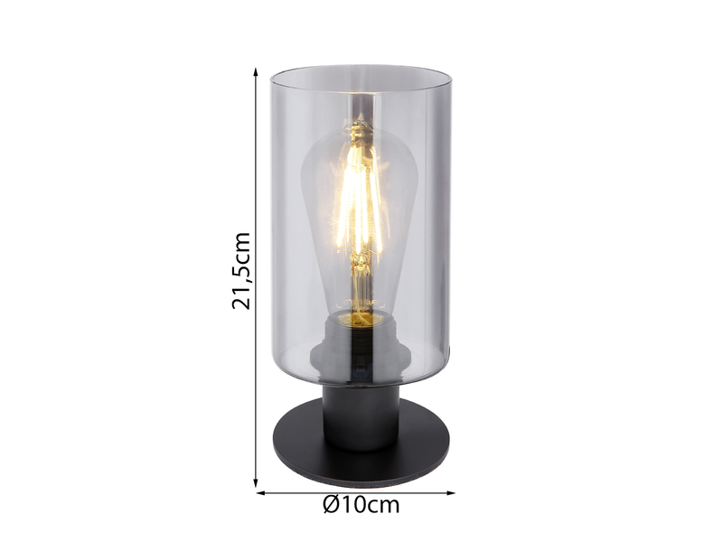 LED Tischleuchte Rauchglas Zylinder Lampenschirm, Metall Schwarz, Höhe 21,5cm
