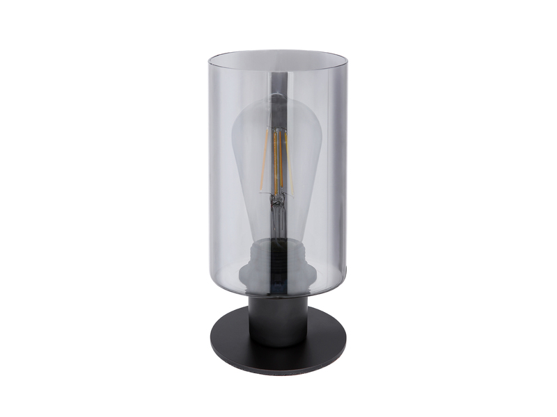 LED Tischleuchte Rauchglas Zylinder Lampenschirm, Metall Schwarz, Höhe 21,5cm