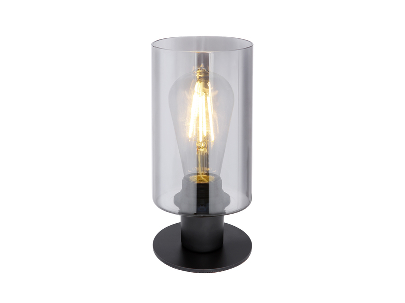 LED Tischleuchte Rauchglas Zylinder Lampenschirm, Metall Schwarz, Höhe 21,5cm