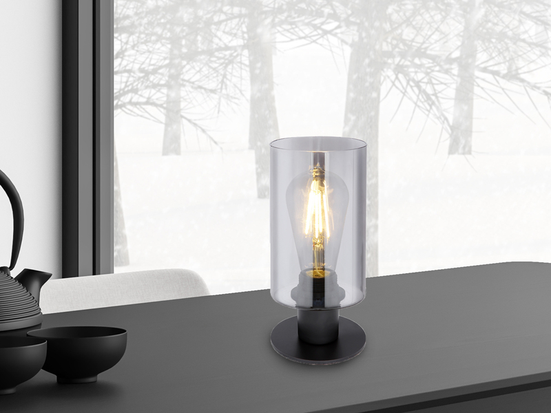 LED Tischleuchte Rauchglas Zylinder Lampenschirm, Metall Schwarz, Höhe 21,5cm