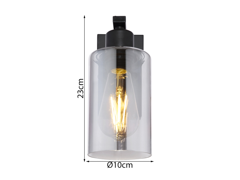 LED Wandleuchte mit Rauchglas Lampenschirm Metall Schwarz, Höhe 23cm