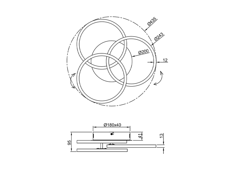 LED Deckenleuchte CIRCLE Weiß 3 Ringe verstellbar, Nachtlicht Ø43cm