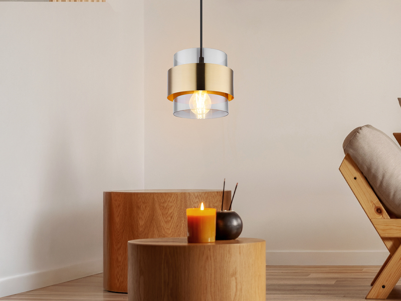 Pendelleuchte MILLEY mit Rauchglas Lampenschirm und Messingring, Ø 18cm