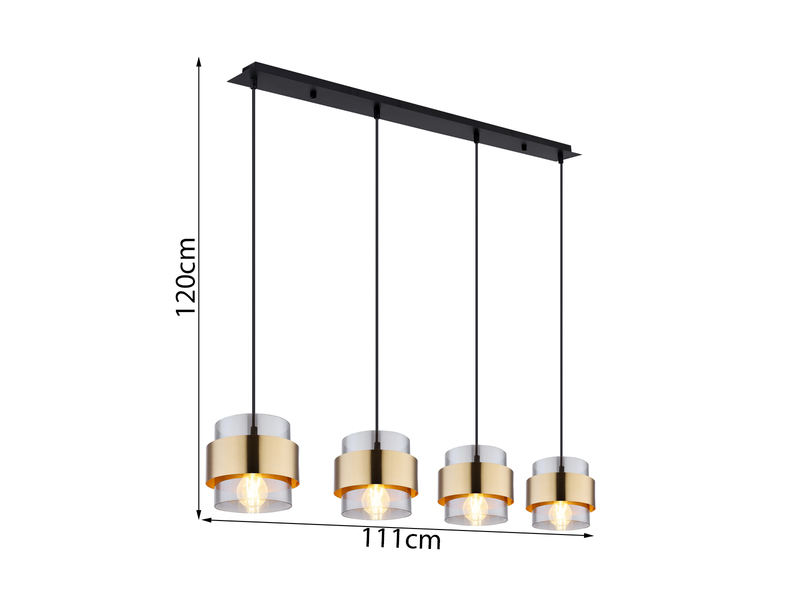 Pendelleuchte MILLEY 4-flammig mit Rauchglas und Messing lang, Breite 111cm