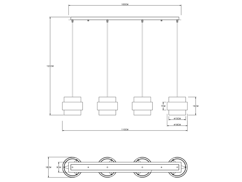 Pendelleuchte MILLEY 4-flammig mit Rauchglas und Messing lang, Breite 111cm