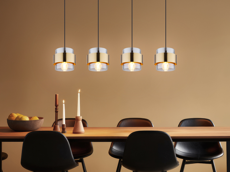 Pendelleuchte MILLEY 4-flammig mit Rauchglas und Messing lang, Breite 111cm