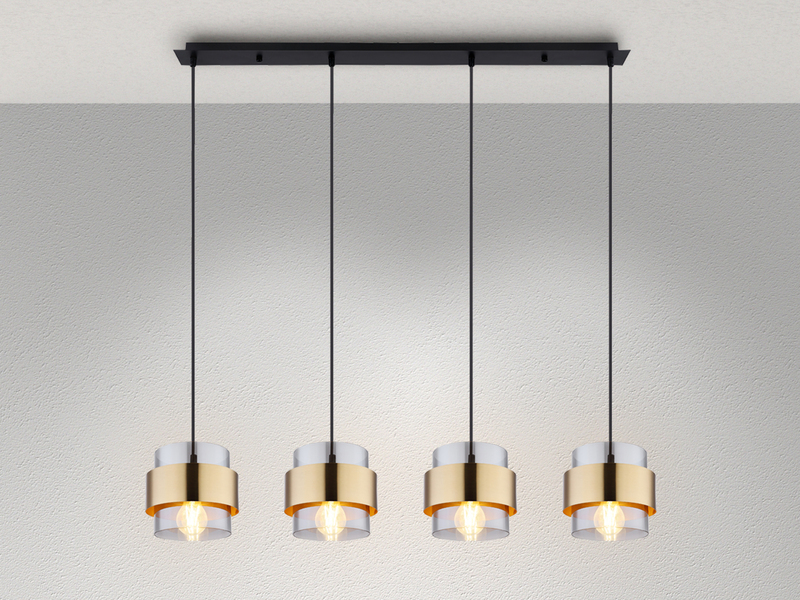 Pendelleuchte MILLEY 4-flammig mit Rauchglas und Messing lang, Breite 111cm