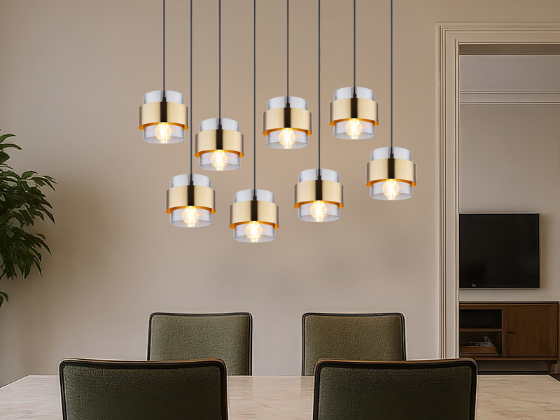 Pendelleuchte MILLEY 8-flammig mit Rauchglas und Messing, Breite 103cm