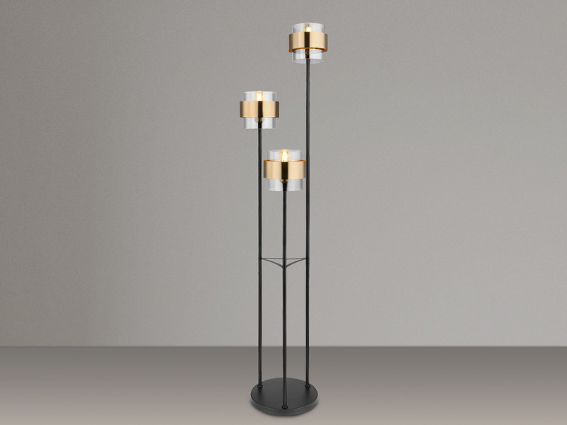 Stehleuchte MILLEY 3-flammig mit Rauchglas und Messingringe, H: 167cm