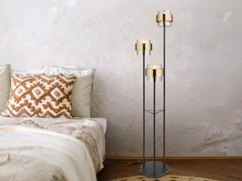 Stehleuchte MILLEY 3-flammig mit Rauchglas und Messingringe, H: 167cm