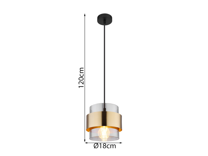 LED Pendelleuchte mit Rauchglas Lampenschirm und Messingring, Ø 18cm