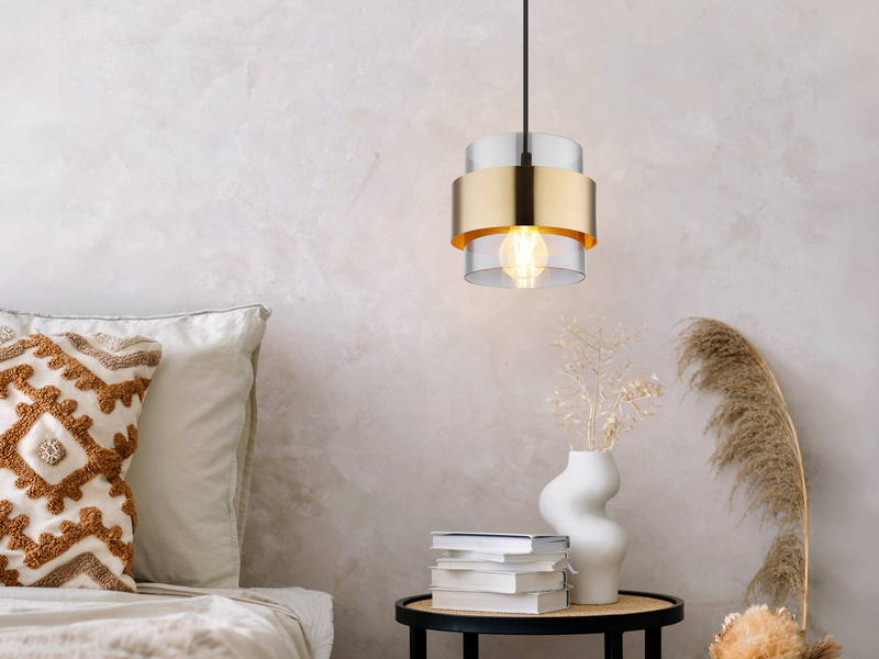 LED Pendelleuchte mit Rauchglas Lampenschirm und Messingring, Ø 18cm