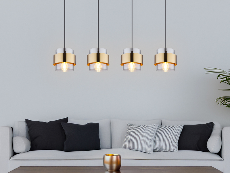 LED Pendelleuchte 4-flammig mit Rauchglas und Messing lang, Breite 111cm