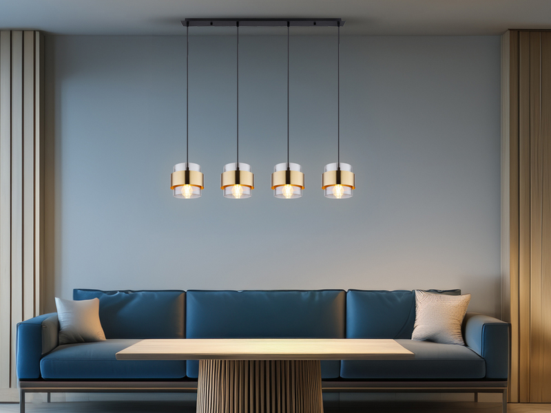 LED Pendelleuchte 4-flammig mit Rauchglas und Messing lang, Breite 111cm