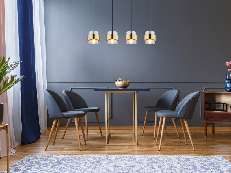 LED Pendelleuchte 4-flammig mit Rauchglas und Messing lang, Breite 111cm