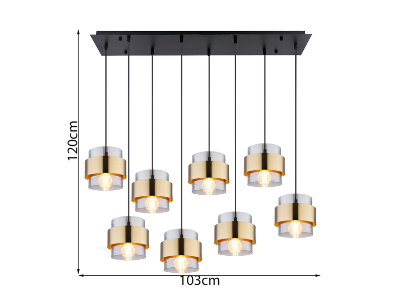 LED Balkenpendelleuchte 8-flammig mit Rauchglas und Messing