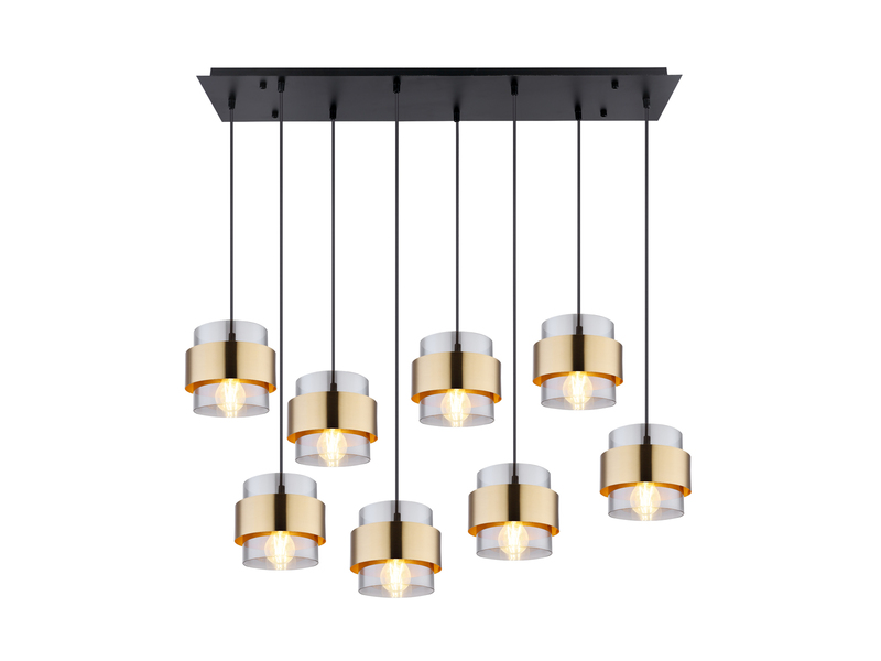 LED Pendelleuchte 8-flammig mit Rauchglas und Messing, Breite 103cm