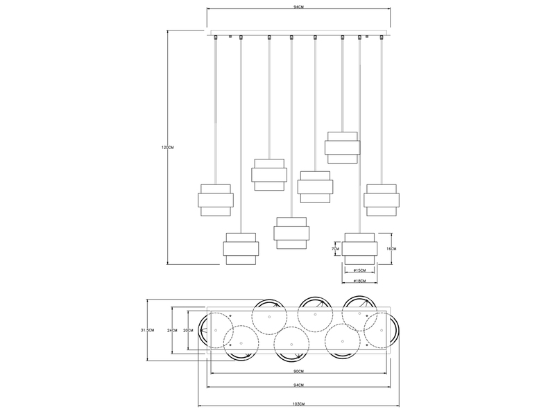 LED Pendelleuchte 8-flammig mit Rauchglas und Messing, Breite 103cm