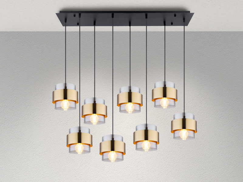 LED Pendelleuchte 8-flammig mit Rauchglas und Messing, Breite 103cm