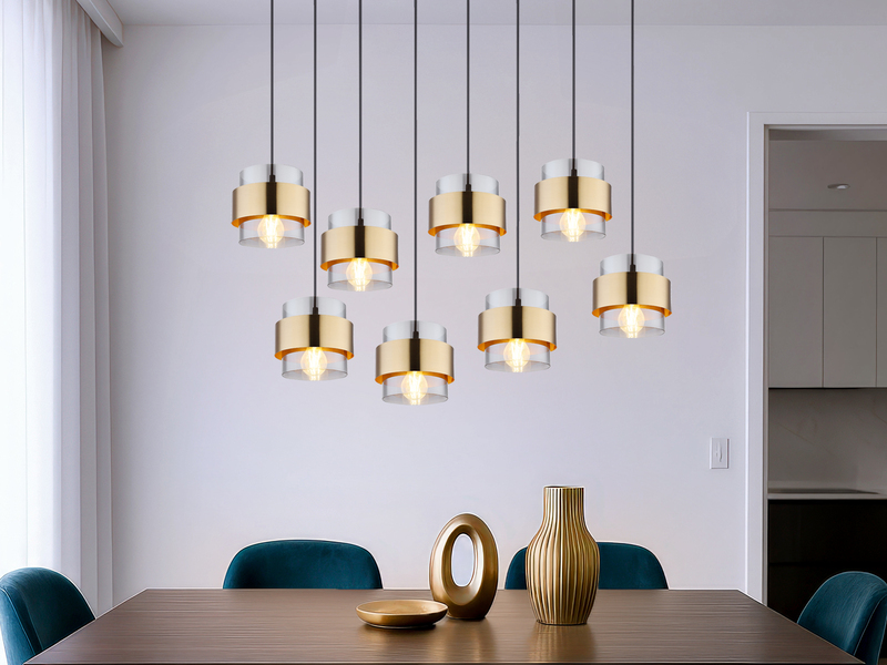 LED Pendelleuchte 8-flammig mit Rauchglas und Messing, Breite 103cm