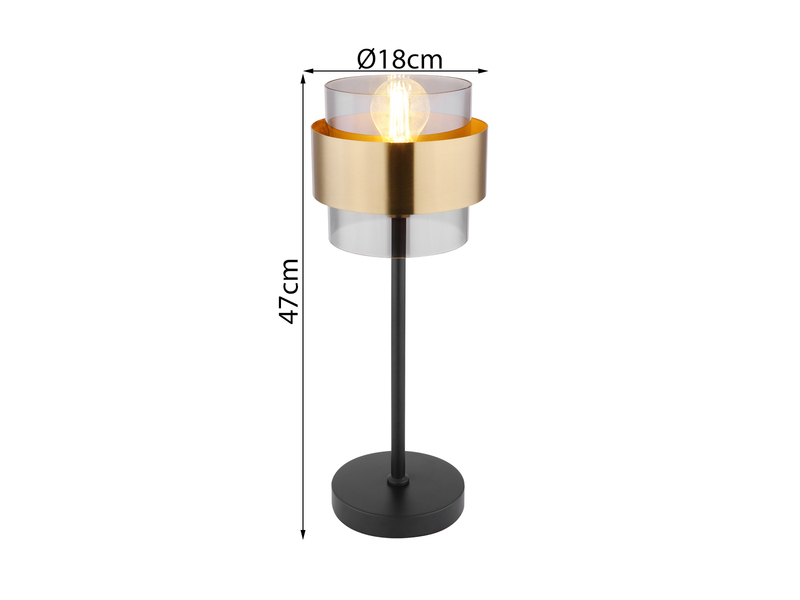LED Tischleuchte mit Rauchglas Lampenschirm, Messingring, Höhe 47cm
