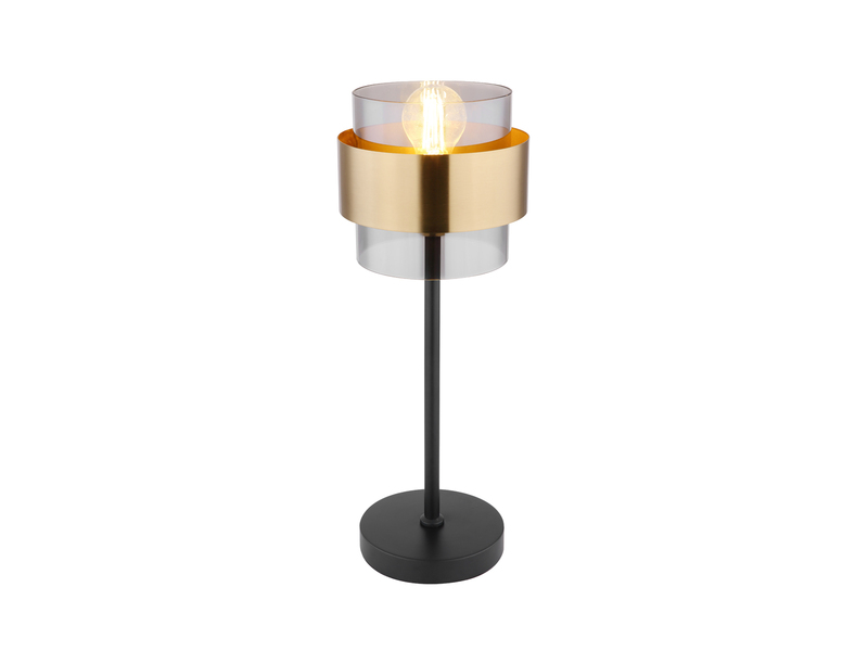 LED Tischleuchte mit Rauchglas Lampenschirm, Messingring, Höhe 47cm