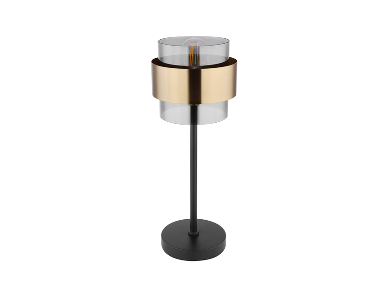 LED Tischleuchte mit Rauchglas Lampenschirm, Messingring, Höhe 47cm