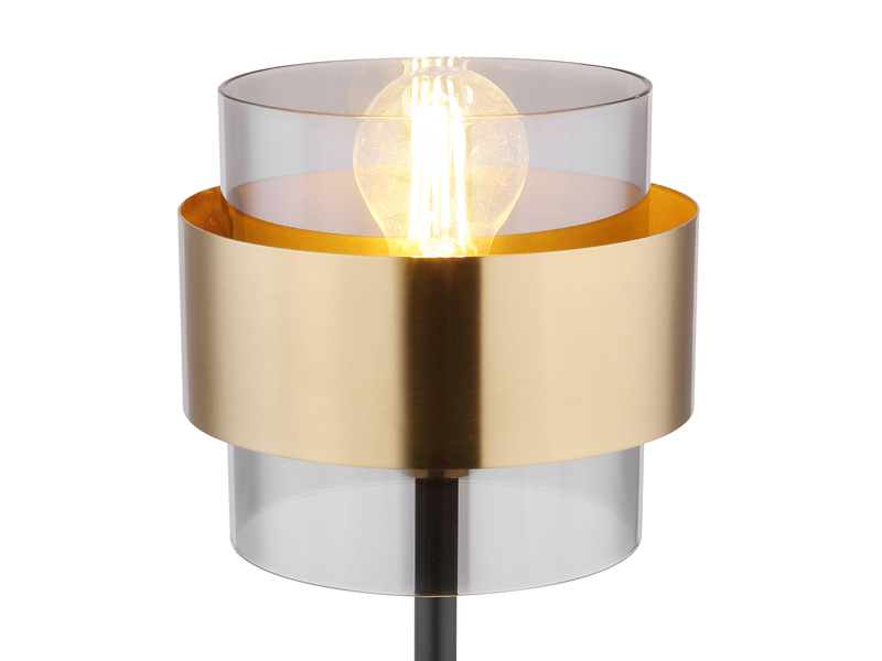 LED Tischleuchte mit Rauchglas Lampenschirm, Messingring, Höhe 47cm