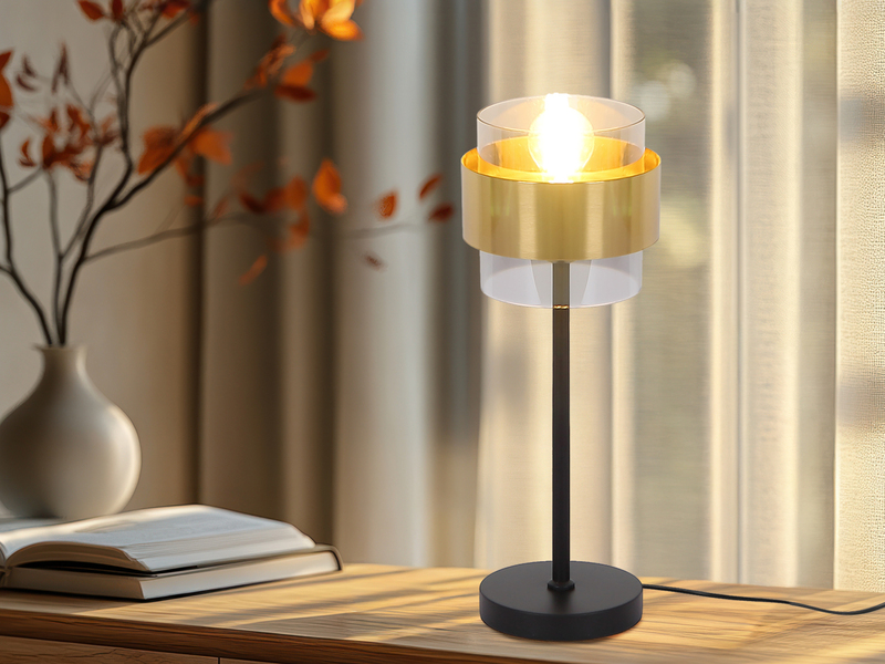 LED Tischleuchte mit Rauchglas Lampenschirm, Messingring, Höhe 47cm