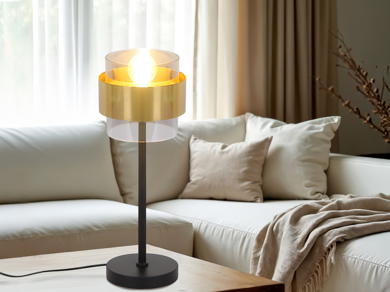 LED Tischleuchte mit Rauchglas Lampenschirm, Messingring, Höhe 47cm