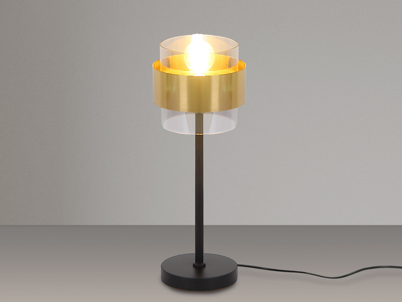 LED Tischleuchte mit Rauchglas Lampenschirm, Messingring, Höhe 47cm