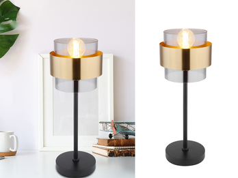 LED Tischleuchte mit Rauchglas Lampenschirm, Messingring, Höhe 47cm