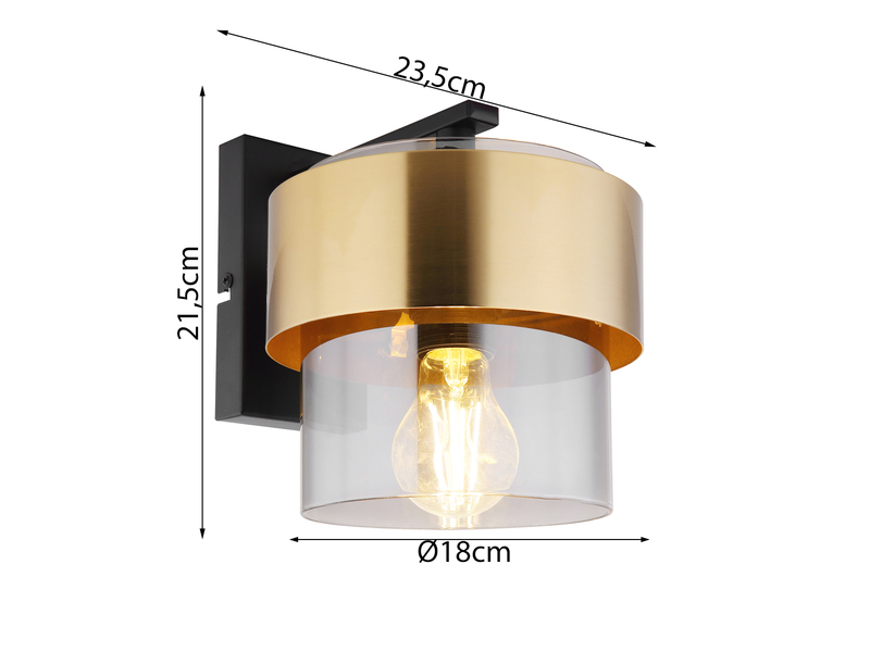 LED Wandleuchte mit Rauchglas Lampenschirm Messingring, Höhe 21,5cm