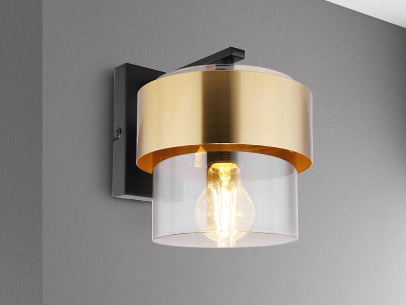 LED Wandleuchte mit Rauchglas Lampenschirm Messingring, Höhe 21,5cm