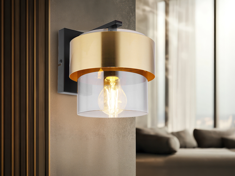 LED Wandleuchte mit Rauchglas Lampenschirm Messingring, Höhe 21,5cm