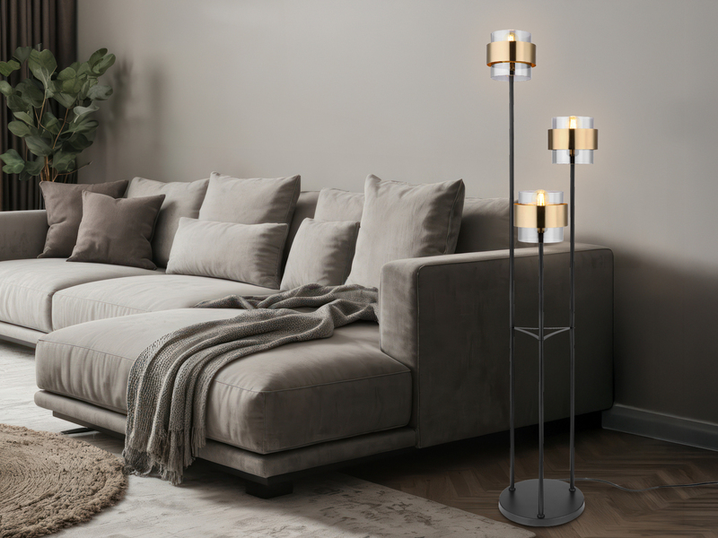 LED Stehleuchte 3-flammig mit Rauchglas und Messingringen, Ø43cm