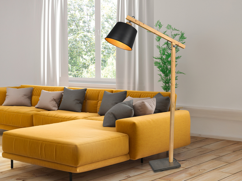 Stehleuchte HARRIS mit Holz & Metallschirm Schwarz-Gold Höhe 156cm