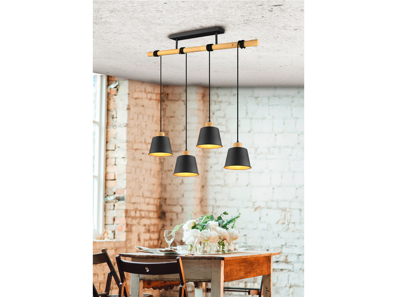 LED Pendelleuchte 4-flammig Schwarz Gold mit Holzbalken, Breite 87cm
