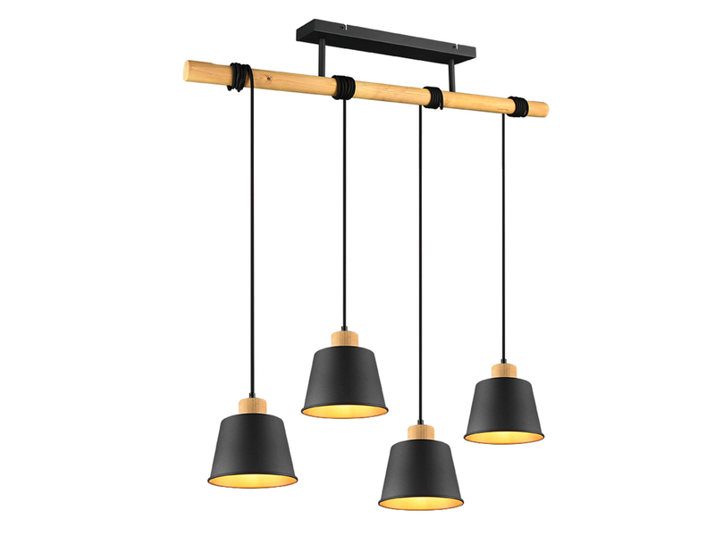 LED Balken Pendelleuchte 4 flammig Schwarz Gold mit Holzbalken Breite 87cm