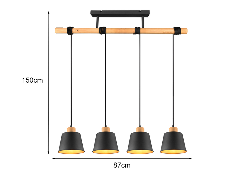 LED Pendelleuchte 4-flammig Schwarz Gold mit Holzbalken, Breite 87cm