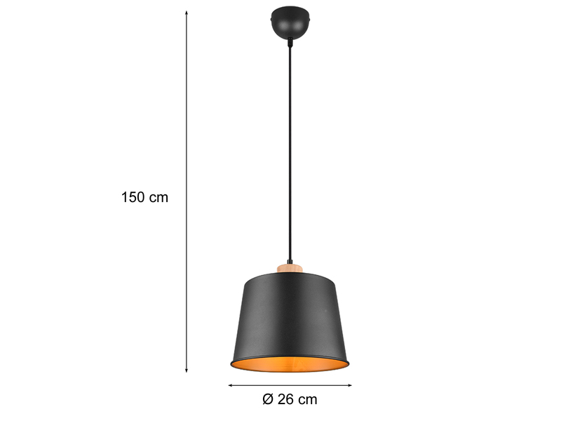 LED Pendelleuchte 1 flammig Schwarz Gold mit Holzdekor Ø 26cm