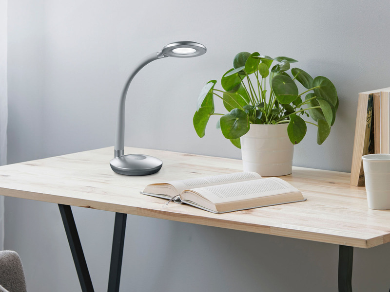 LED Schreibtischleuchte COBRA Silber, Flexgelenk & Sensordimmer, Höhe 32cm