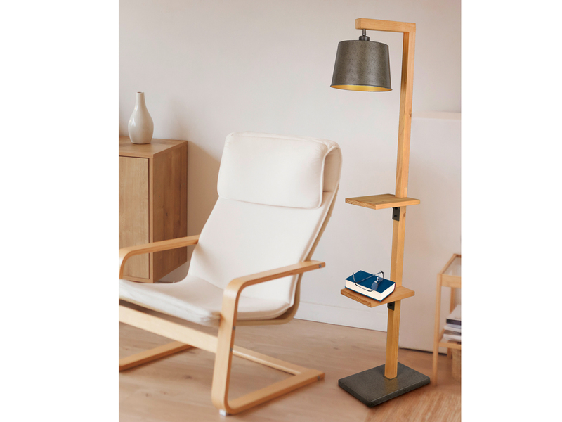 Stehlampe RODRIGO mit Holz Ablage - Metall Lampenschirm Silber, Höhe 165cm