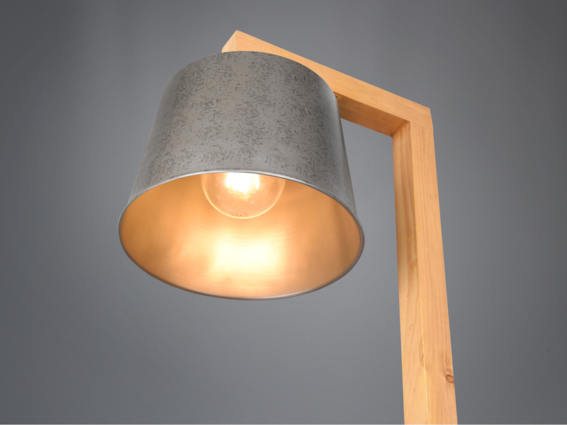 Stehlampe RODRIGO mit Holz Ablage - Metall Lampenschirm Silber, Höhe 165cm