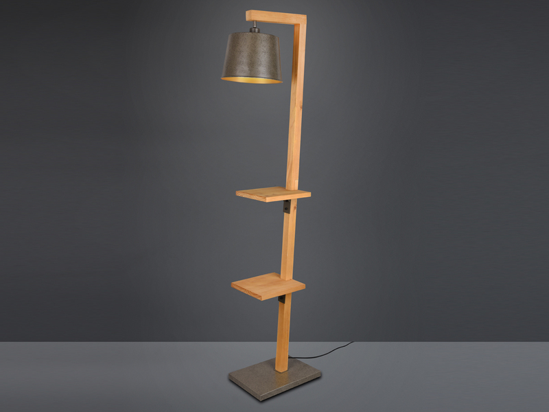 Stehlampe RODRIGO mit Holz Ablagen, Lampenschirm Silber antik, Höhe 165cm