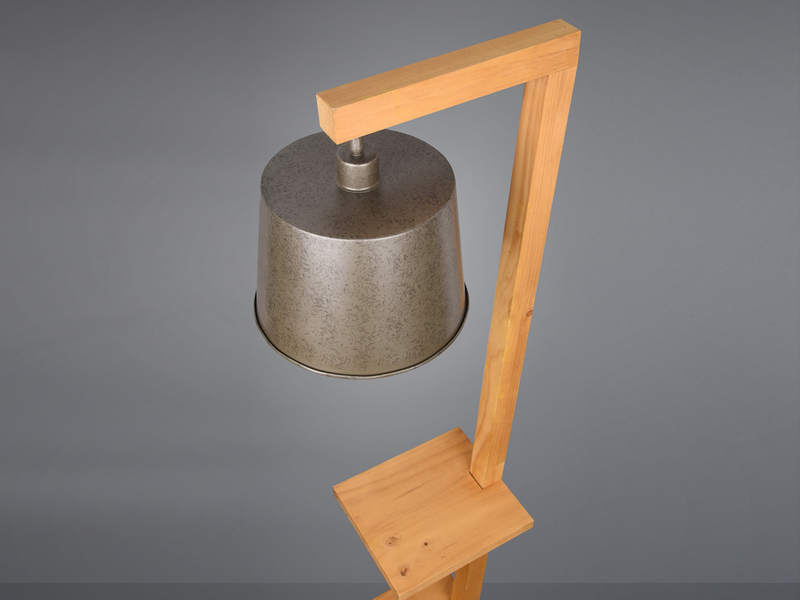 Stehlampe RODRIGO mit Holz Ablage - Metall Lampenschirm Silber, Höhe 165cm