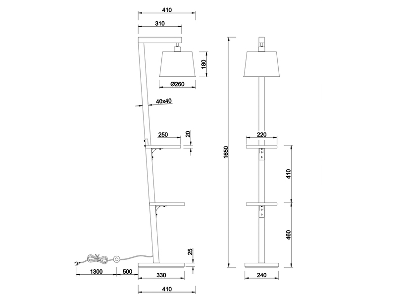 Stehlampe RODRIGO mit Holz Ablage - Metall Lampenschirm Silber, Höhe 165cm