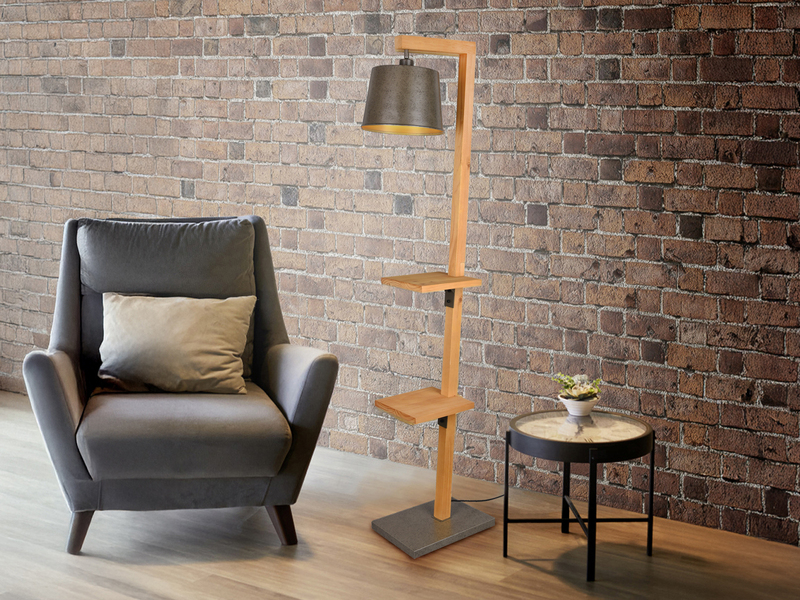 Stehlampe RODRIGO mit Holz Ablage - Metall Lampenschirm Silber, Höhe 165cm