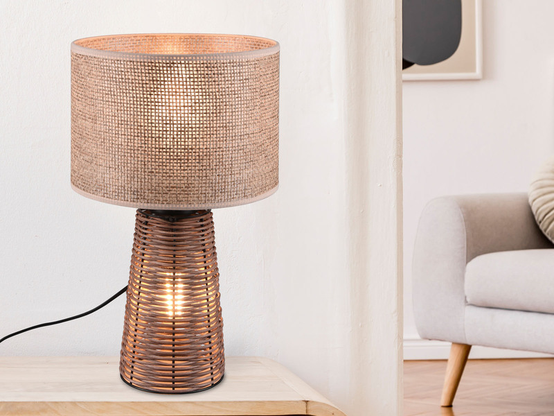 LED Tischlampe aus Naturmaterial Rattan Braun, Höhe 40cm