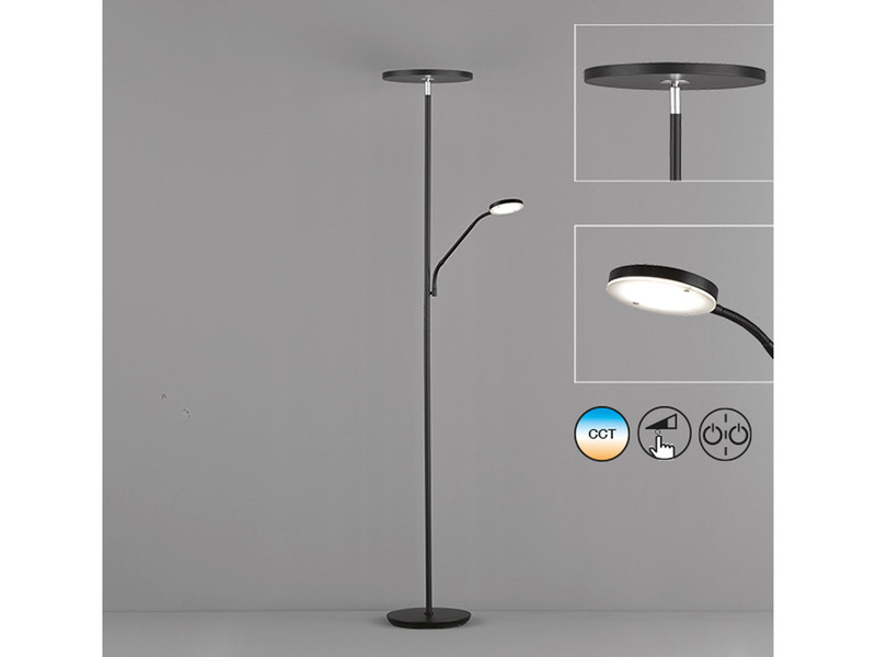 LED Deckenfluter FABI 180cm dimmbar mit Leselampe - Design Schwarz Chrom